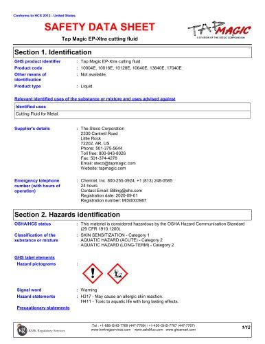The role of emergency response procedures outlined in the Tap Magic EP Xtra cutting fluid safety data sheet